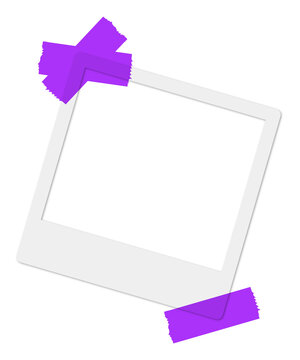 Blank instant photo frame with purple tape isolated on transparent background