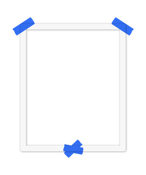 Blank white photo frame with blue adhesive tape isolated on transparent background