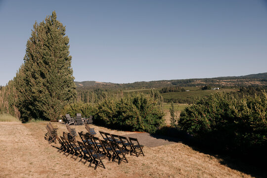 Chairs overlook a valley