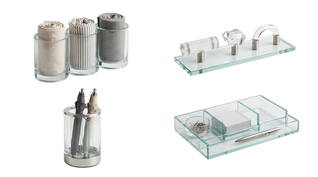 Assorted clear desk organizers and office supplies white background with desk organizer, office supply, clear container white background