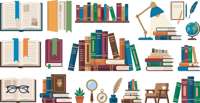 Vintage books and reading study elements vector collection featuring bookshelves open textbooks desk lamps reading glasses globes inkwells and cozy library furniture illustration