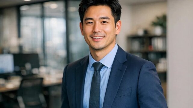 Smiling Asian Businessman in a Blue Suit in a Modern Office