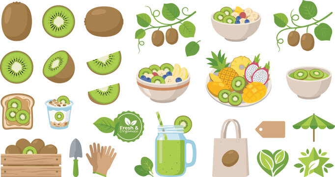 Fresh kiwi fruit vector illustration bundle featuring whole and sliced kiwis healthy fruit bowls organic smoothies wooden crates and tropical dessert icons