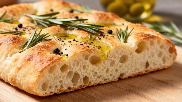 Italian focaccia bread, with a dimpled golden crust, brushed with olive oil and rosemary, served on a wooden cutting board with a side of balsamic vinegar and olive oil for dipping, representing a cla