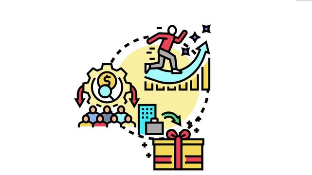 Business executive running up a growth chart, signifying successful strategy implementation and team performance leading to receiving financial reward and recognition