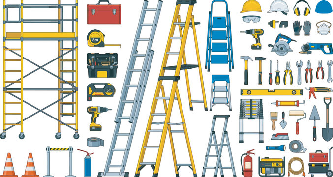 Professional construction equipment and scaffolding vector set featuring aluminum extension ladders safety cones power drills hand tools protective helmets and portable generator illustration