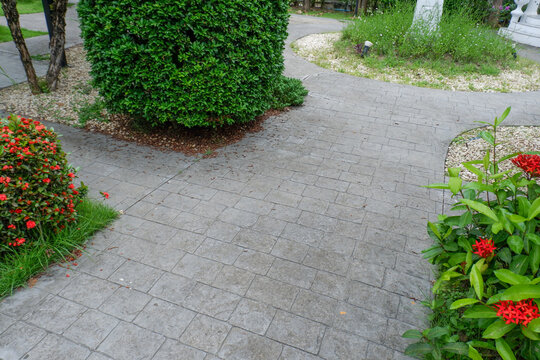 Garden landscape design with pathway in garden and footpath in picturesque summer park and staircase in backyard,Paving stones on floor in park,space for text.