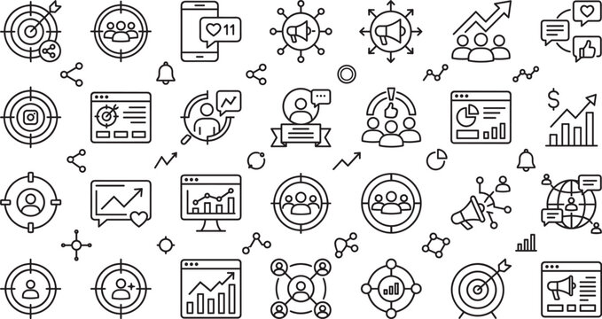 Target audience and customer segmentation line icons set featuring audience targeting bullseye data analytics charts user profiles digital marketing and business growth strategies vector