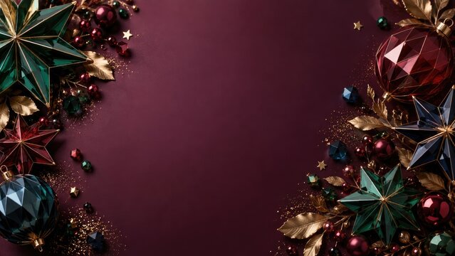 Elegant festive arrangement of jewel-toned Christmas ornaments and gold leaves on a burgundy background with central copy space