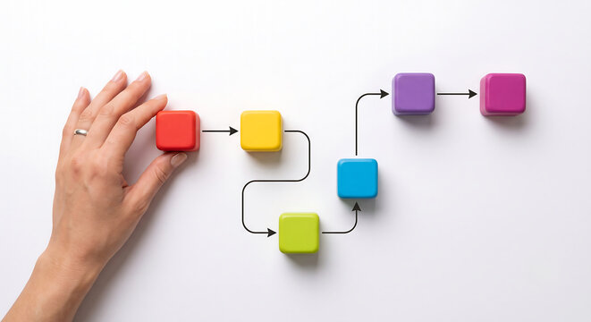 Human hand arranging colorful square blocks connected by arrows on a white surface. Concept of workflow optimization and logical process management. 

