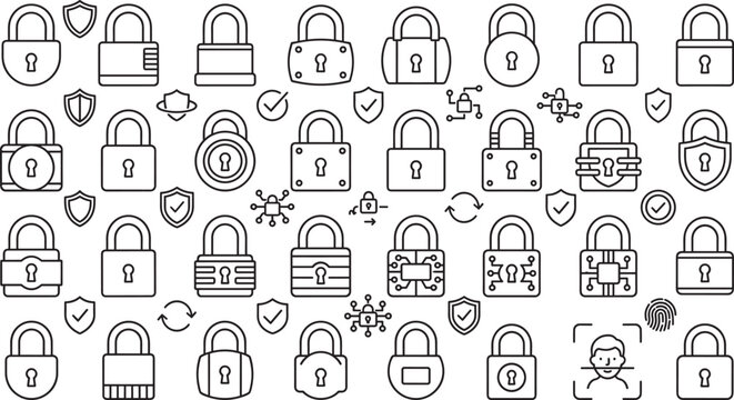 Cyber security padlock line icons set featuring various padlocks electronic digital locks circuit boards biometric verification shields and protection elements vector