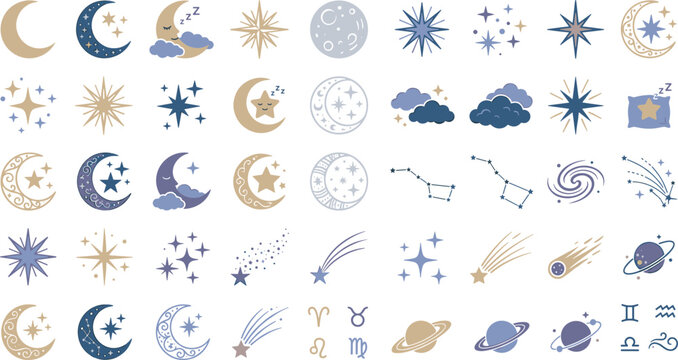 Celestial mystic icons set featuring crescent moons stars galaxies comets constellations zodiac signs and night clouds vector illustration in gold and purple