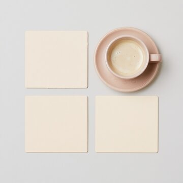 Blank square coasters and a coffee cup on a clean tabletop, featuring a soft pale palette and airy mood for hospitality design and mockup templates