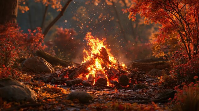 Campfire blaze in autumn forest with glowing embers and fall foliage during golden hour