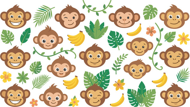 Cute baby monkey avatars vector set featuring cheerful chimpanzee faces tropical jungle leaves bananas and exotic yellow flowers flat design illustration
