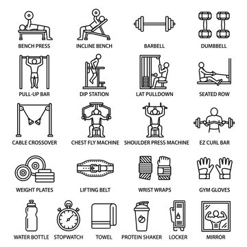 Gym workout equipment icons fitness equipment bodybuilding training sport