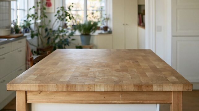 Empty butcher block counter with a weathered wood surface in a bright kitchen, featuring a wide copy space for product mockup and household advertising