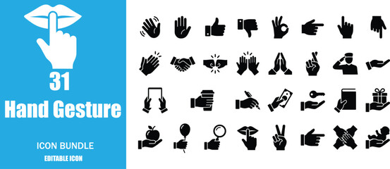 Obraz premium Collection of thirty-one black hand gesture icons set on a white background for user interface design