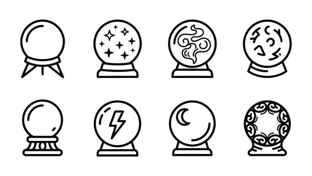 Crystal Ball Collection: A set of eight illustrated crystal balls, each with unique mystical symbols and designs, presented against a white background.