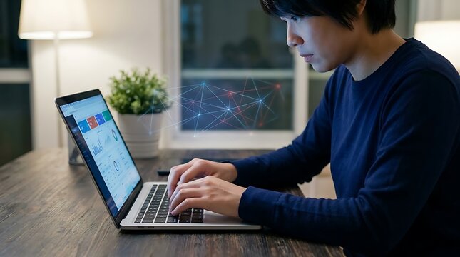 Person working on laptop with data analytics visualization on screen