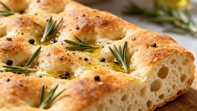 Italian focaccia bread, with a dimpled golden crust, brushed with olive oil and rosemary, served on a wooden cutting board with a side of balsamic vinegar and olive oil for dipping, representing a cla