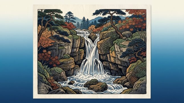 Vintage Japanese woodblock print style landscape, traditional ukiyo-e waterfall illustration, mountain scenery with autumn foliage, classic artistic nature poster