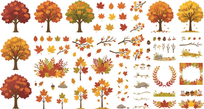 Autumn foliage and deciduous tree vector set featuring colorful maple leaves branches acorns bushes floral frames and seasonal orange forest elements design illustration