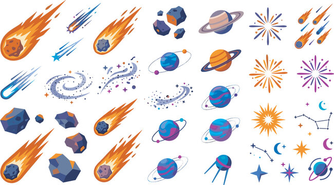 Outer space vector elements set featuring burning meteors falling asteroids colorful planets with rings galaxy spirals sparkling stars constellations and satellite icon illustration