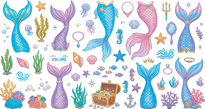 Cute mermaid tails vector elements collection featuring colorful pastel fish scales ocean treasure chest coral reef sea shells starfish and marine life fairytale illustration