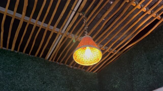 Close Up of Cozy Hanging Lantern with Warm Light on Bamboo Ceilingbikinkan judul untuk dijual di adobe stok berikan artinya DAN ALASAN yang logis kenapa pembeli harus membeli asetku, data berupa tabel