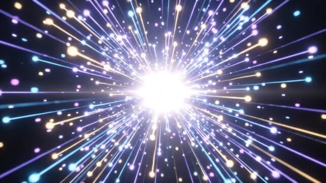 Glowing particles explosion and light streaks forming a dynamic abstract background