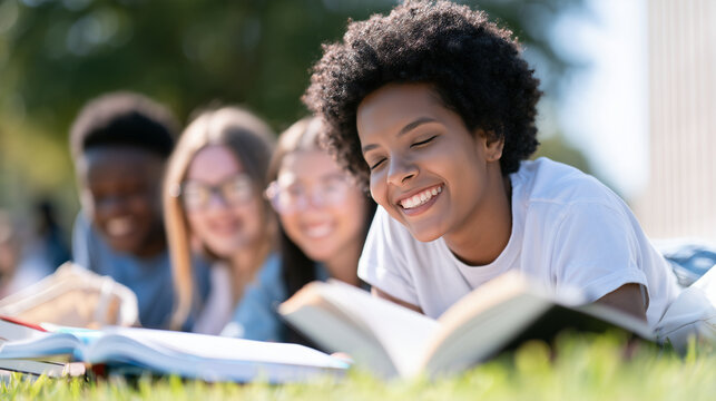 Diverse Group Of Happy Students Reading Outdoors During The Annual Texas Book Festival Event