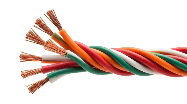 Cut multicolor power cable with exposed copper strands on white background, twisted red green yellow and orange insulated wires, electrical wiring detail, connection repair, clean product photo art