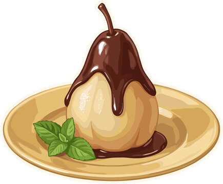 Chocolate Pear Delight: A luscious pear, generously drizzled with rich dark chocolate sauce and garnished with fresh mint leaves, rests on a golden plate, offering a decadent dessert experience.