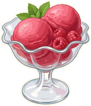 Raspberry Sorbet Delight: A refreshing scoop of pink raspberry sorbet, adorned with fresh mint leaves and ripe raspberries, served in a classic glass sundae dish, promising a burst of fruity flavor.