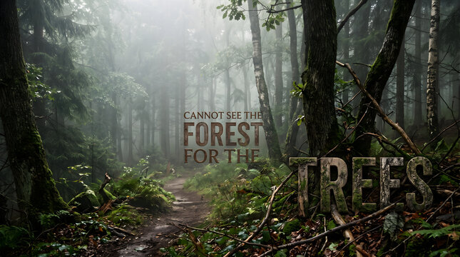 Cannot see the forest for the trees idiom concept in a misty and foggy mysterious woodland landscape with path