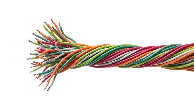 Frayed multicolor electrical cable on white background with exposed copper ends, twisted red green yellow orange and black wires, flexible insulated cord texture, wiring repair, clean product photo