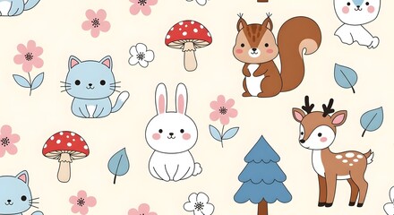Obraz premium Cute cartoon animals pattern displays a seamless arrangement of woodland creatures and mushrooms.