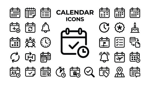 Calendar Icons Collection: A comprehensive set of modern, clean, and versatile calendar icons representing various scheduling, planning, and time management concepts.