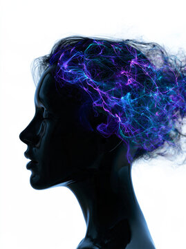 Silhouette eines Frauenkopfs im Profil mit galaxieartiger Sternenexplosion, blau-violette Farbt&ouml;ne, digitale Kunst, geeignet f&uuml;r Technologiepr&auml;sentationen und Social-Media-Post.