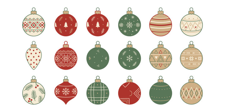 Set of hand drawn watercolor christmas tree baubles with festive patterns and holiday colors