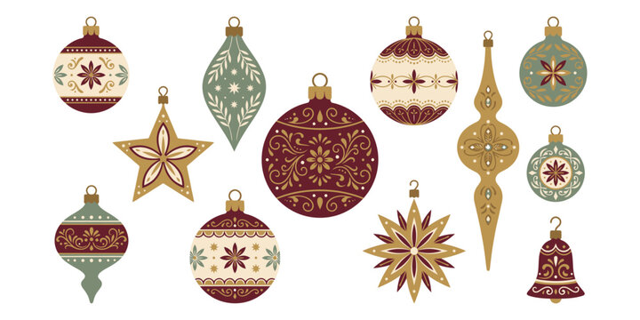 Collection of decorative christmas tree ornaments in red and gold isolated on white background