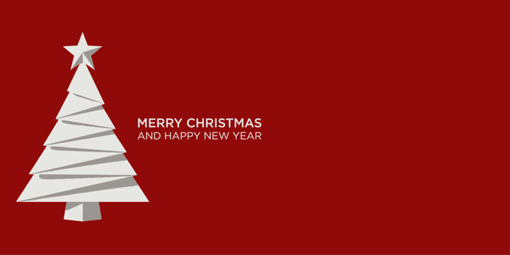 Minimalist white christmas tree illustration on a deep red background with holiday text greeting