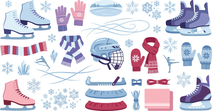 Ice skating winter sports equipment vector set with figure skates hockey gear helmets mittens and snowflakes icons