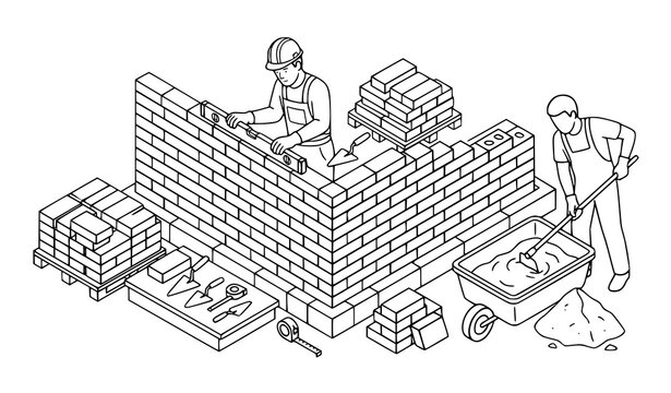 Isometric illustration of construction workers building a brick wall with tools and building materials on site