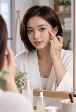 鏡を見ながら指で目元をケアするロングヘアのアジア人女性