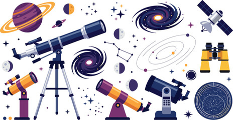 Astronomy space vector element set with telescopes planets galaxies satellite and stars for science education design © Halima