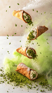 Traditional italian cannoli pastries falling with pistachio dust and sugar