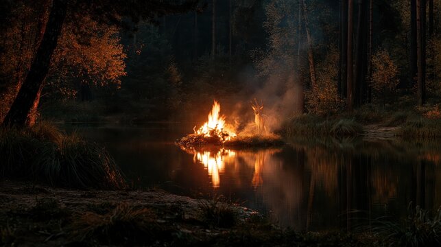 Campfire burning on a small island in a dark forest lake reflecting glowing flames at night