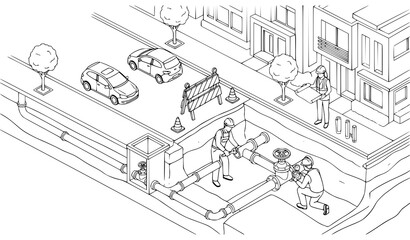 Fototapeta premium Isometric illustration of construction workers repairing underground water pipes in a city street with cars and buildings